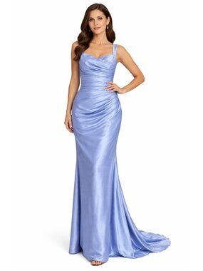 Blue Satin Maxi Dress Cowl Neck Slit Corset Back Formal Gown Size 4